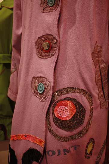 circus-wearable-art-coat-buttons, Lilac felted wool art coat, applique on boiled felted wool