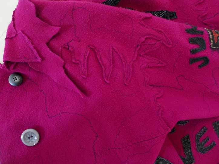 fuschia pink magenta boiled wool art coat, raw edges, wandering hemline, wearable art coat, Circus Pavelka
