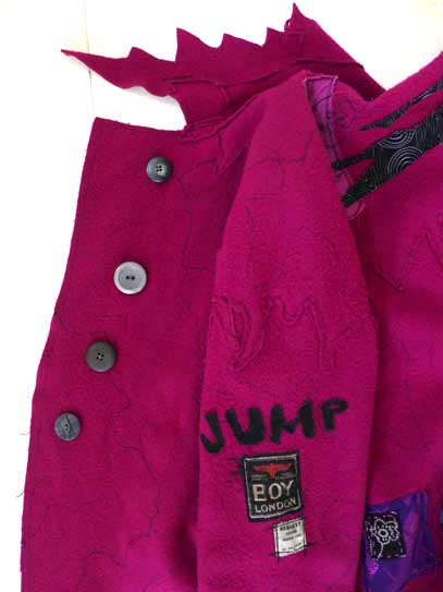 pink wool coat applique pocket, fuschia pink magenta boiled wool art coat, raw edges, wandering hemline, wearable art coat, Circus Pavelka