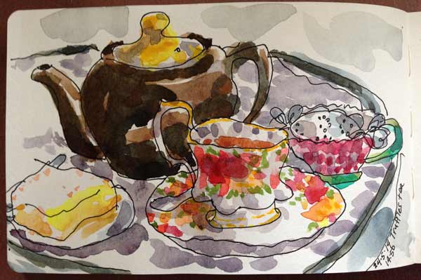 watercolor teapot, plein air painting cafe teapot Truffles