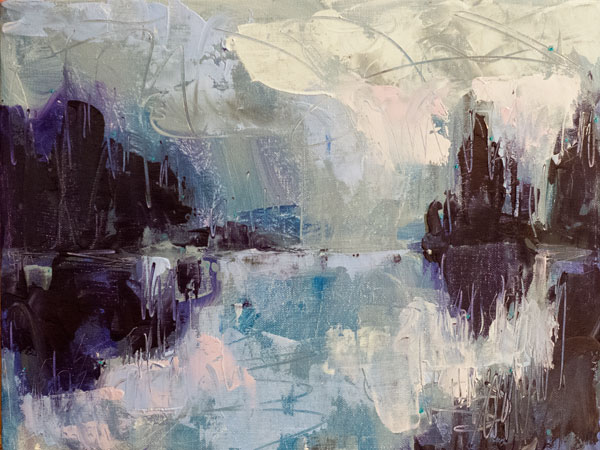Sunshine Coast, BC British Columbia, Ruby Lake, water reflection, palette knife landscape oil painting